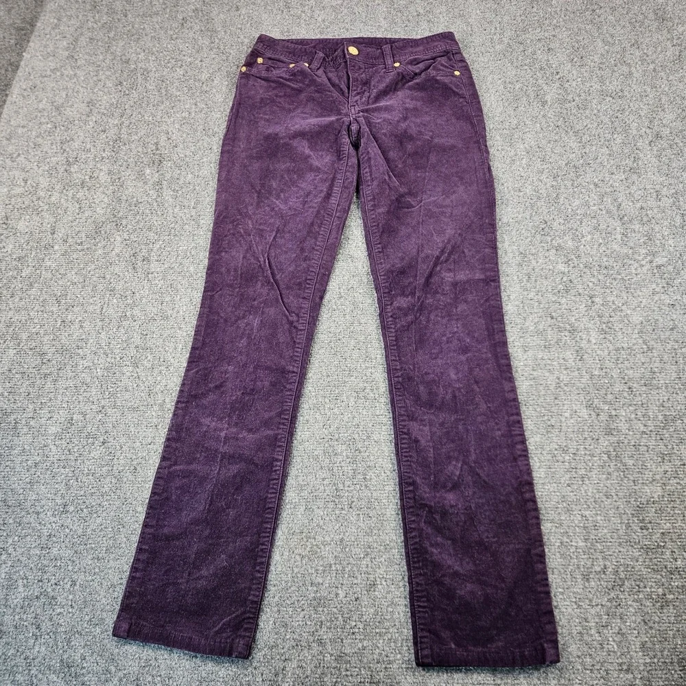 Tory Burch Super Skinny Corduroy Pants Purple Plum Gold Logo Size 25